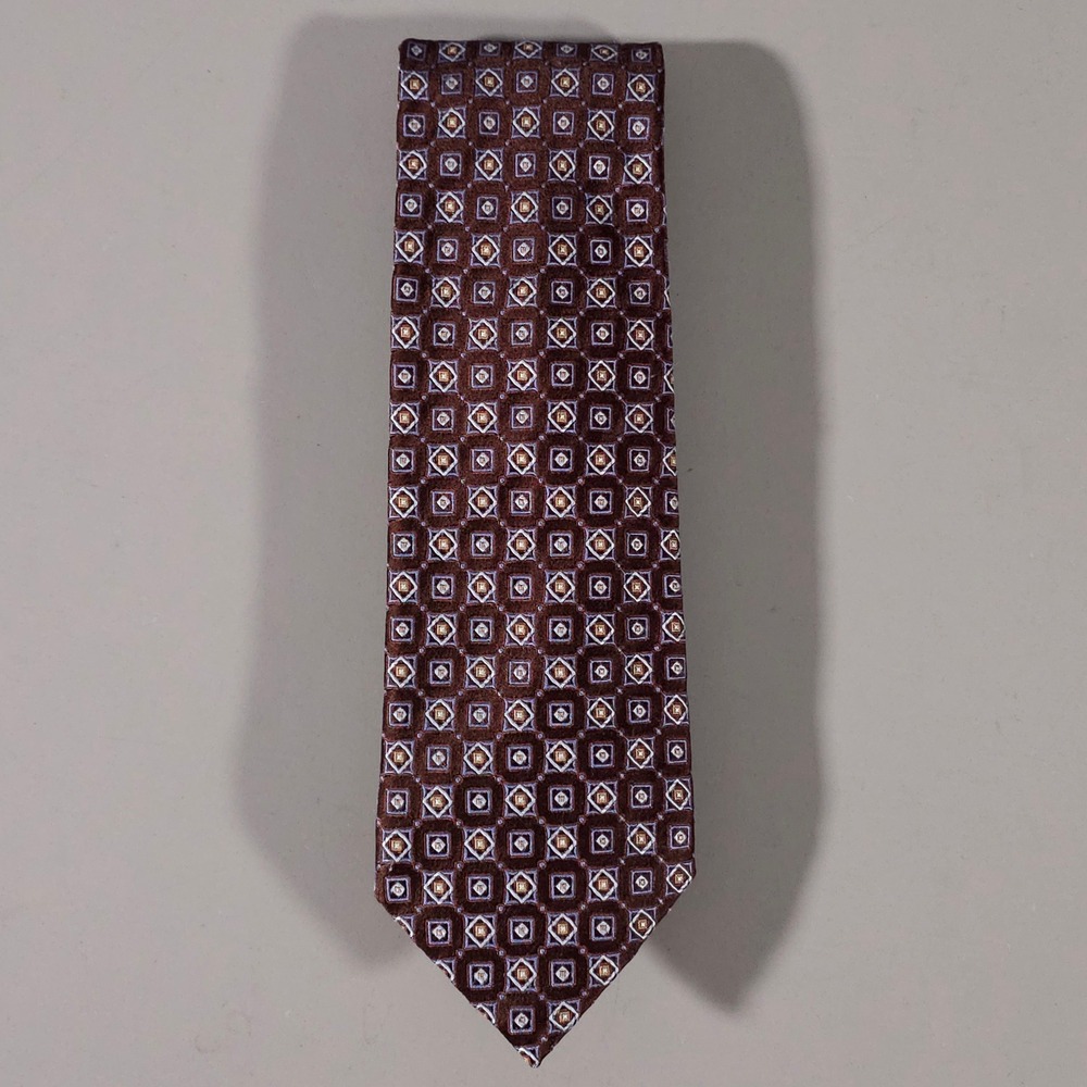 Canali Necktie Mens OS Brown Geometric Square Pattern Silk Made in Italy